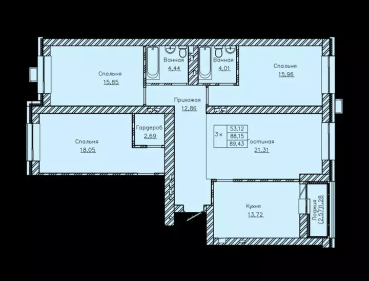 89.43 м², 3-комнатная квартира, 89 м², изображение - 1