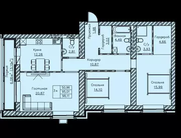 3-комнатная квартира, 98 м²