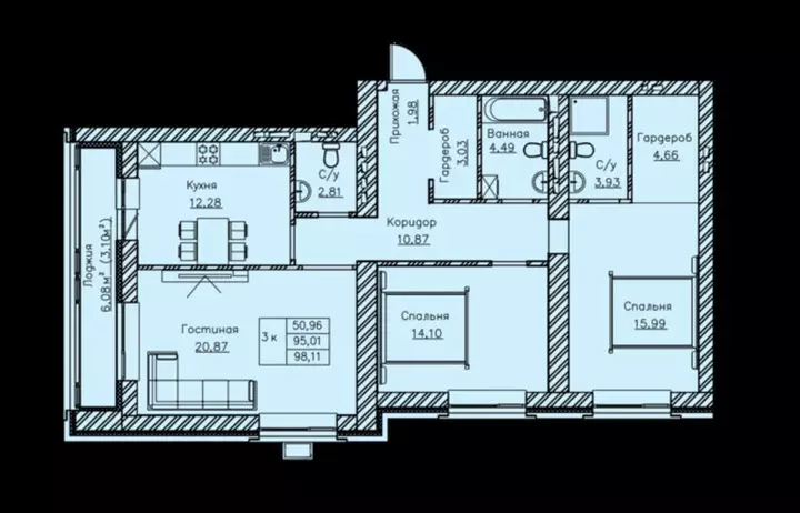 98.11 м², 3-комнатная квартира, 98 м², изображение - 1