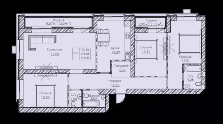 118.94 м², 4-комнатная квартира, 119 м², изображение - 1