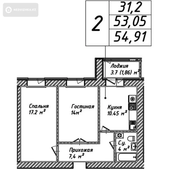 54.9 м², 2-комнатная квартира, этаж 6 из 12, 55 м², изображение - 1