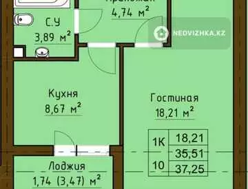 1-комнатная квартира, этаж 3 из 5, 38 м²