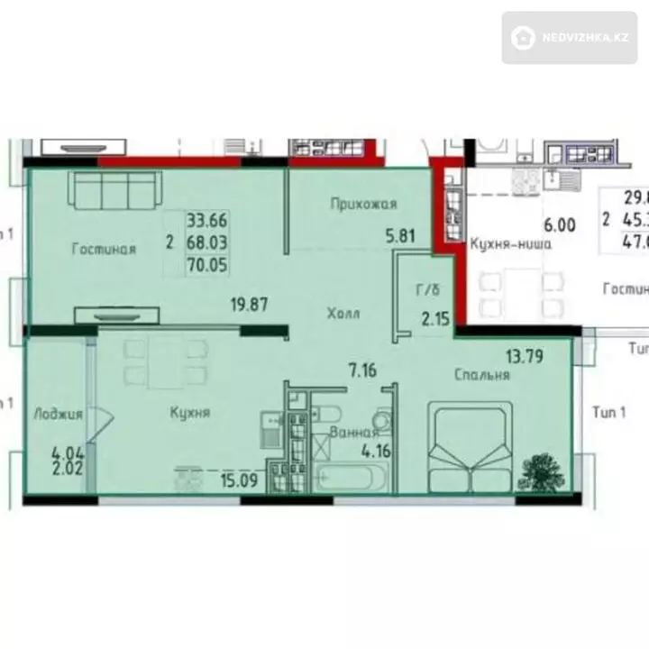 70 м², 2-комнатная квартира, этаж 7 из 12, 70 м², изображение - 1