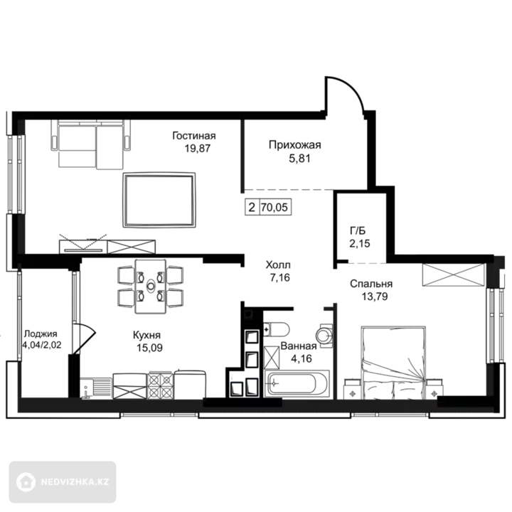 70 м², 2-комнатная квартира, этаж 5 из 12, 70 м², изображение - 1