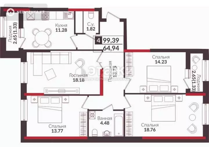 100.4 м², 4-комнатная квартира, этаж 12 из 19, 100 м², изображение - 1