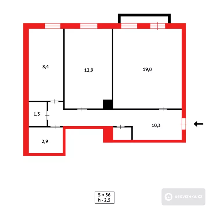 54 м², 2-комнатная квартира, этаж 4 из 4, 54 м², изображение - 1