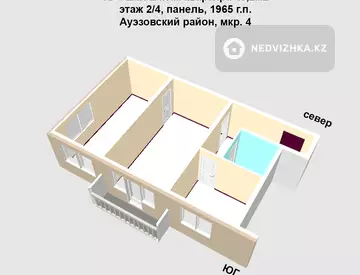 2-комнатная квартира, этаж 2 из 4, 45 м²