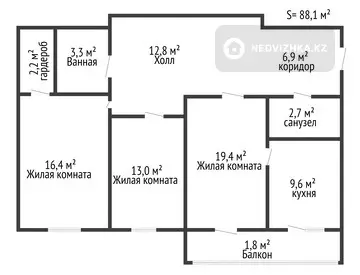 88.1 м², 3-комнатная квартира, этаж 3 из 9, 88 м², изображение - 8