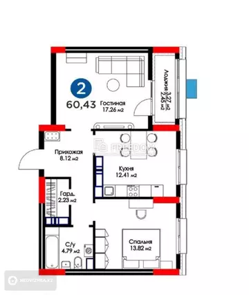 60.43 м², 2-комнатная квартира, этаж 14 из 19, 60 м², изображение - 15