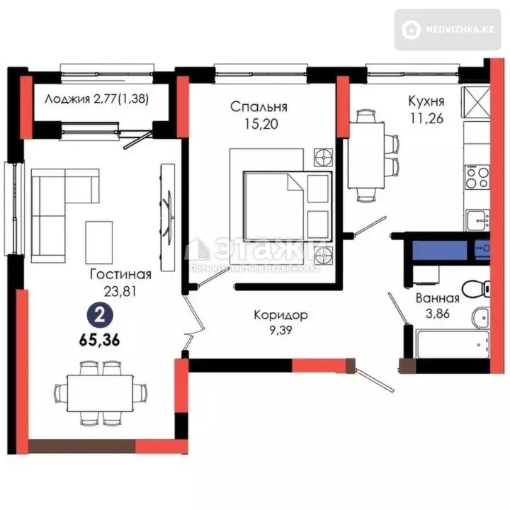 65.36 м², 2-комнатная квартира, этаж 6 из 12, 65 м², изображение - 1