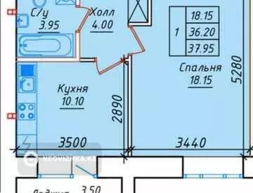 1-комнатная квартира, этаж 10 из 12, 38 м²