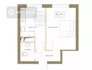 1-комнатная квартира, этаж 10 из 12, 38 м²