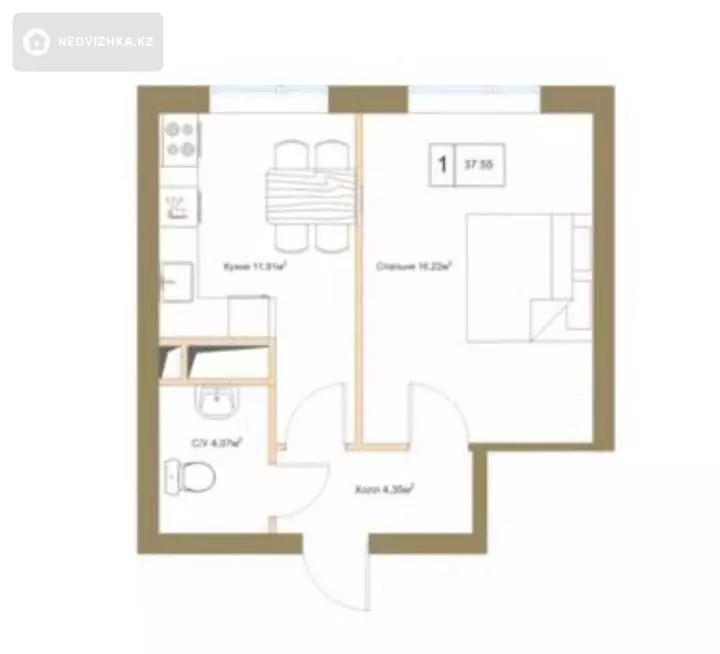 37.5 м², 1-комнатная квартира, этаж 10 из 12, 38 м², изображение - 1