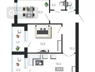 2-комнатная квартира, этаж 1 из 6, 67 м²