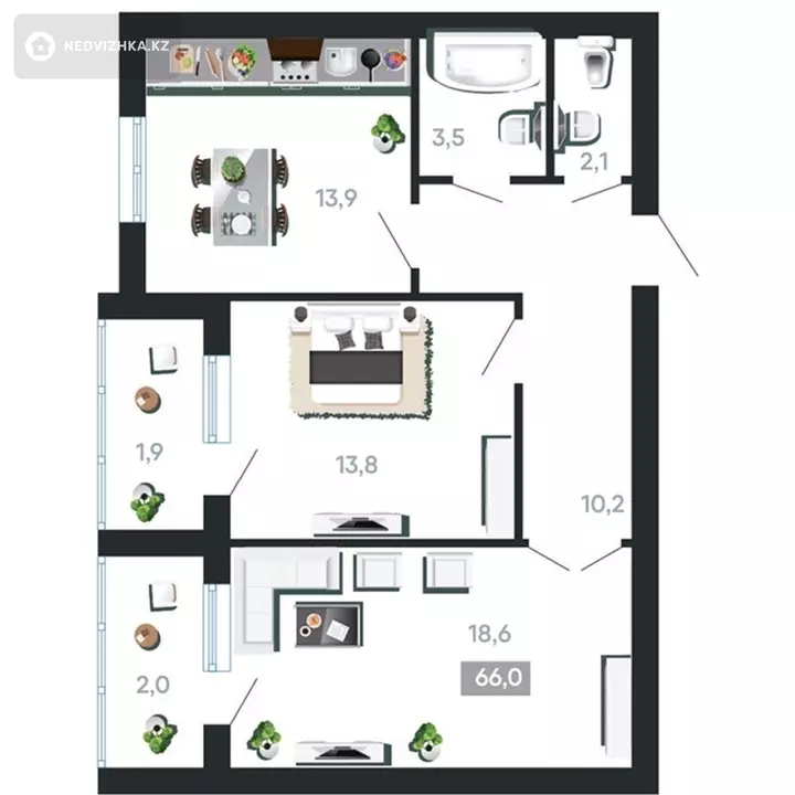 67.3 м², 2-комнатная квартира, этаж 1 из 6, 67 м², изображение - 1