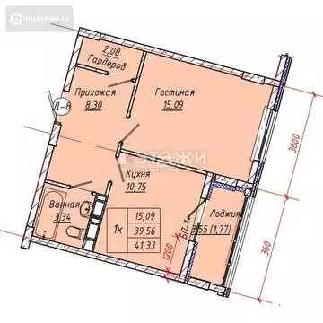 1-комнатная квартира, этаж 8 из 9, 43 м²