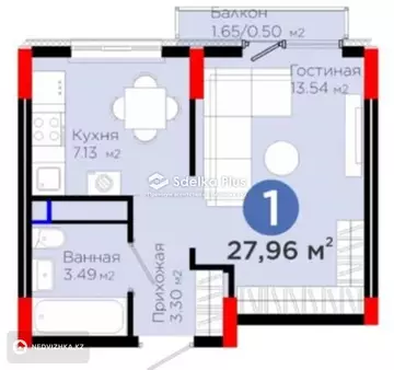 1-комнатная квартира, этаж 7 из 9, 28 м²