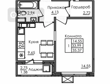 1-комнатная квартира, этаж 6 из 15, 35 м²