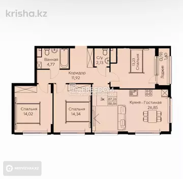 3-комнатная квартира, этаж 5 из 11, 88 м²