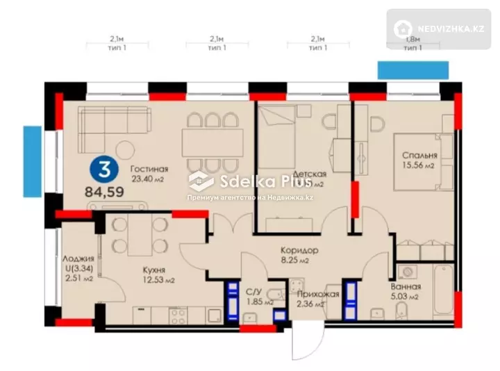 86 м², 3-комнатная квартира, этаж 3 из 14, 86 м², изображение - 1