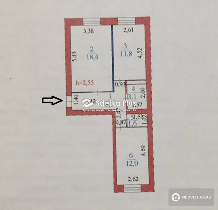 55.2 м², 2-комнатная квартира, этаж 1 из 5, 55 м², изображение - 1