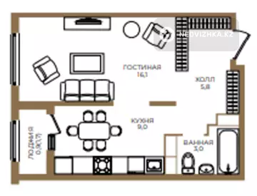 1-комнатная квартира, этаж 9 из 9, 35 м²