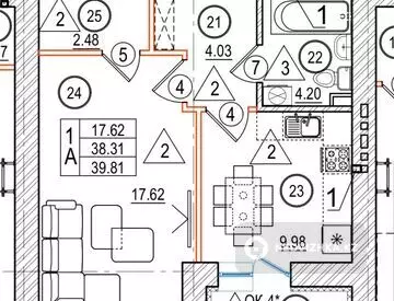 39.8 м², 1-комнатная квартира, этаж 9 из 9, 40 м², изображение - 6