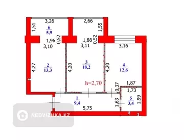 2-комнатная квартира, этаж 3 из 5, 63 м²