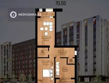 2-комнатная квартира, этаж 2 из 5, 70 м²