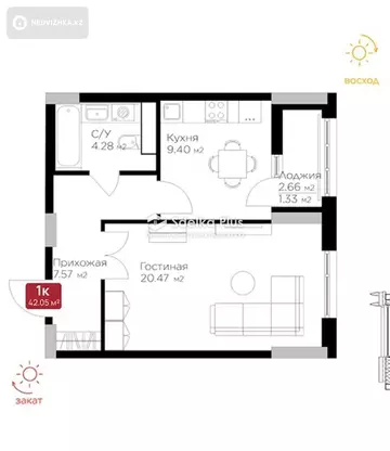 1-комнатная квартира, этаж 6 из 9, 43 м²