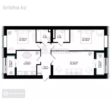 3-комнатная квартира, этаж 9 из 9, 85 м²