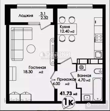 1-комнатная квартира, этаж 7 из 9, 46 м²