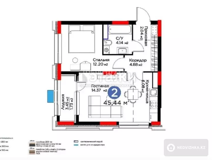 45.5 м², 2-комнатная квартира, этаж 8 из 17, 46 м², изображение - 1