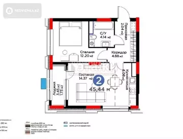2-комнатная квартира, этаж 8 из 17, 46 м²