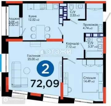 2-комнатная квартира, этаж 20 из 20, 72 м²