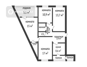 4-комнатная квартира, этаж 4 из 6, 92 м²