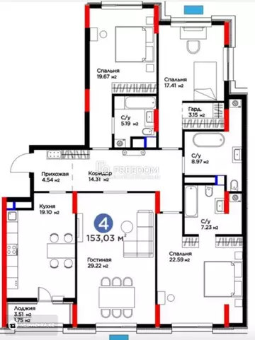 4-комнатная квартира, этаж 9 из 14, 154 м²