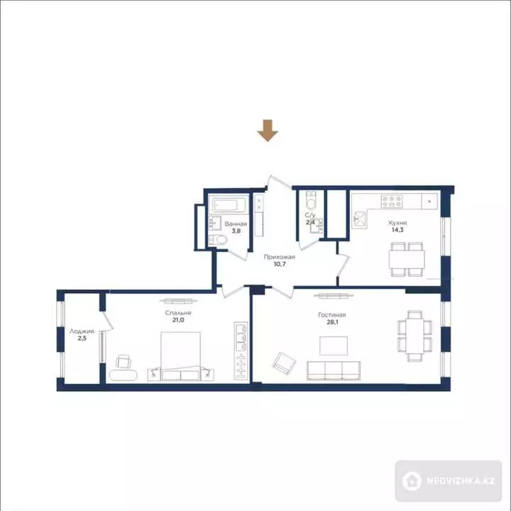 82.1 м², 2-комнатная квартира, этаж 8 из 13, 82 м², изображение - 1