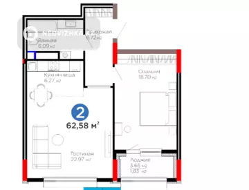 2-комнатная квартира, этаж 3 из 9, 63 м²