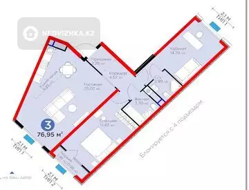 76.9 м², 3-комнатная квартира, этаж 4 из 12, 77 м², изображение - 3