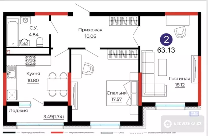 63.13 м², 2-комнатная квартира, этаж 12 из 16, 63 м², изображение - 1