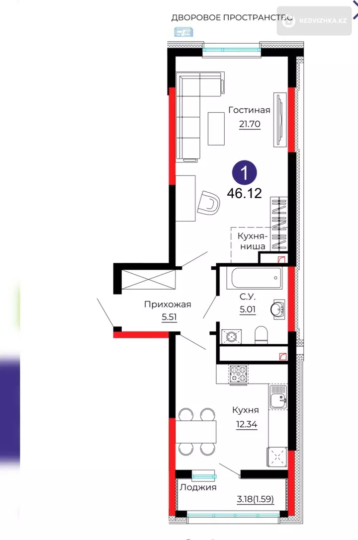 46.12 м², 1-комнатная квартира, этаж 13 из 16, 46 м², изображение - 1