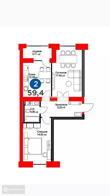 2-комнатная квартира, этаж 9 из 10, 59 м²