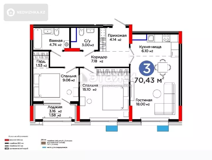 70.43 м², 3-комнатная квартира, этаж 5 из 9, 70 м², изображение - 1