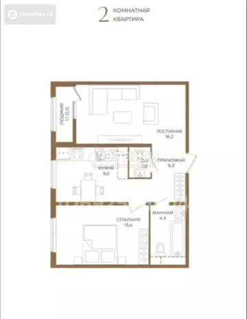 2-комнатная квартира, этаж 6 из 12, 55 м²