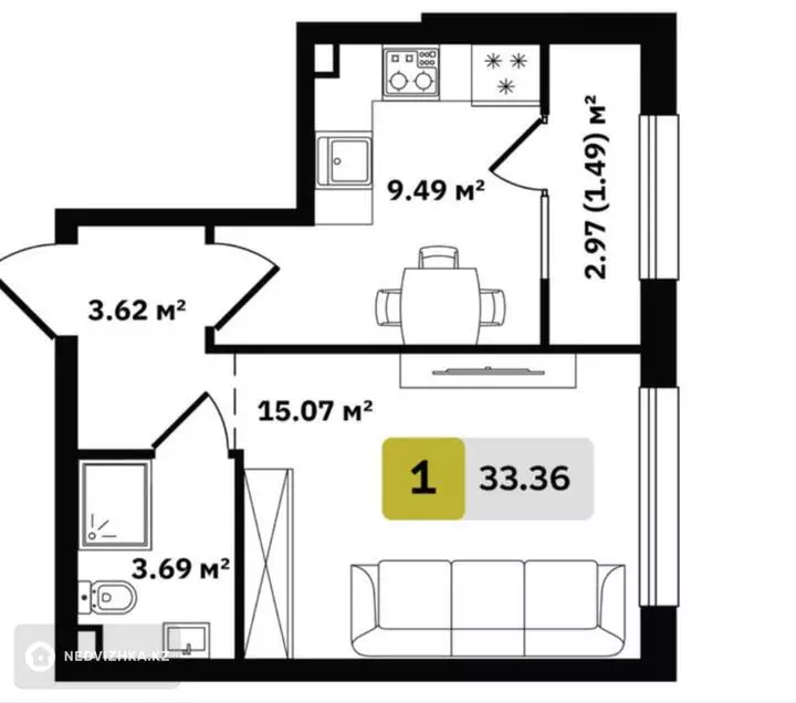 33 м², 1-комнатная квартира, этаж 1 из 9, 33 м², изображение - 1