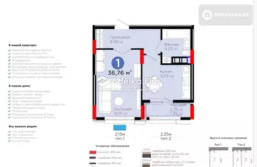 1-комнатная квартира, этаж 8 из 9, 37 м²