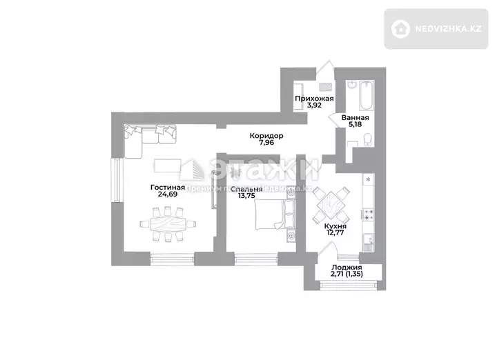 69.62 м², 2-комнатная квартира, этаж 8 из 9, 70 м², изображение - 1