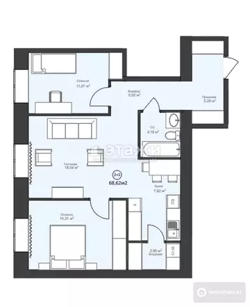 3-комнатная квартира, этаж 10 из 10, 69 м²