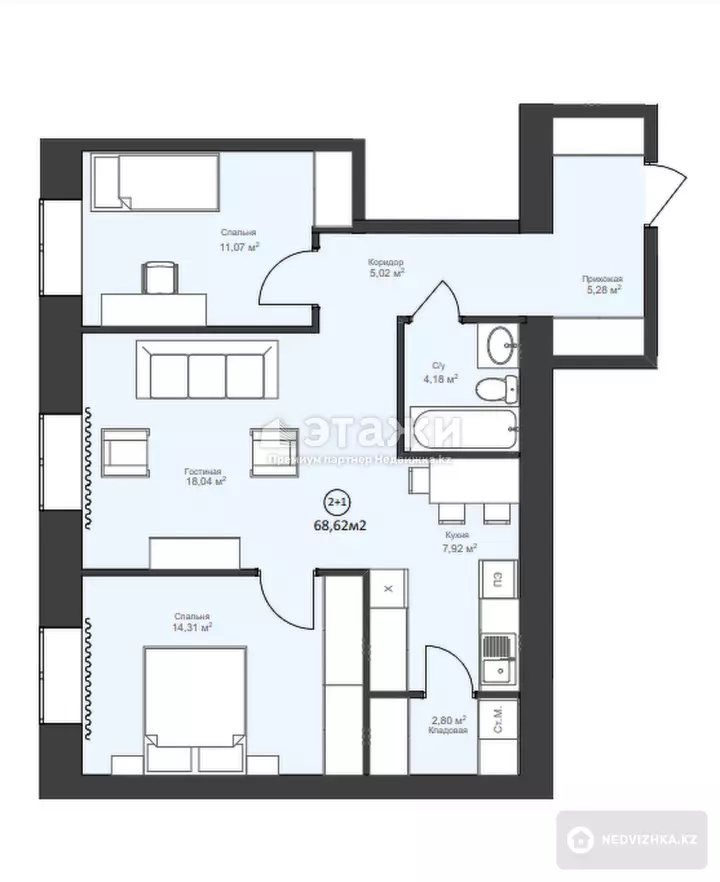 68.61 м², 3-комнатная квартира, этаж 10 из 10, 69 м², изображение - 1